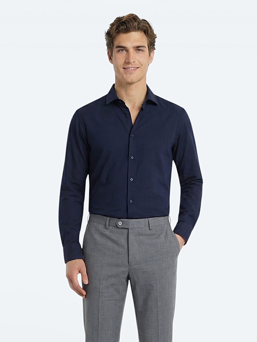 Navy Blue Plain Regular Fit Long Weaving Classical Cotton Blended Shirt - 3