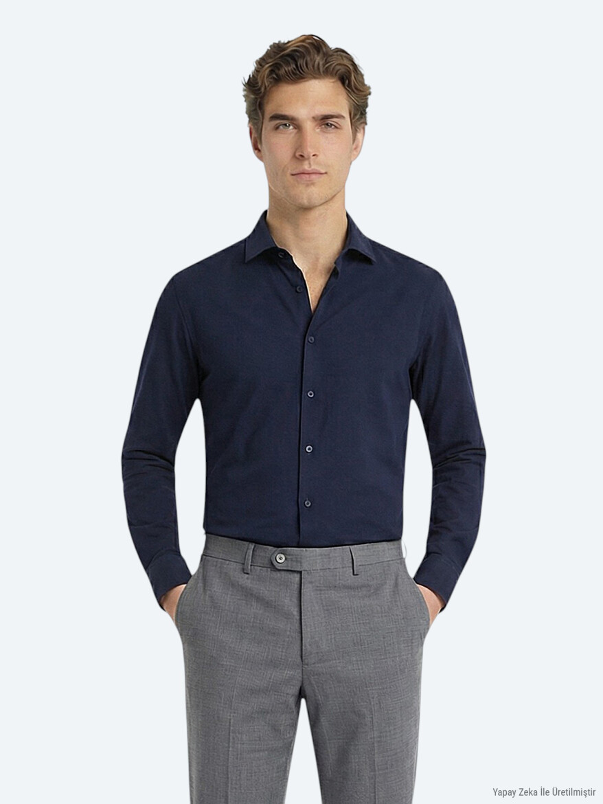 Navy Blue Plain Regular Fit Long Weaving Classical Cotton Blended Shirt 