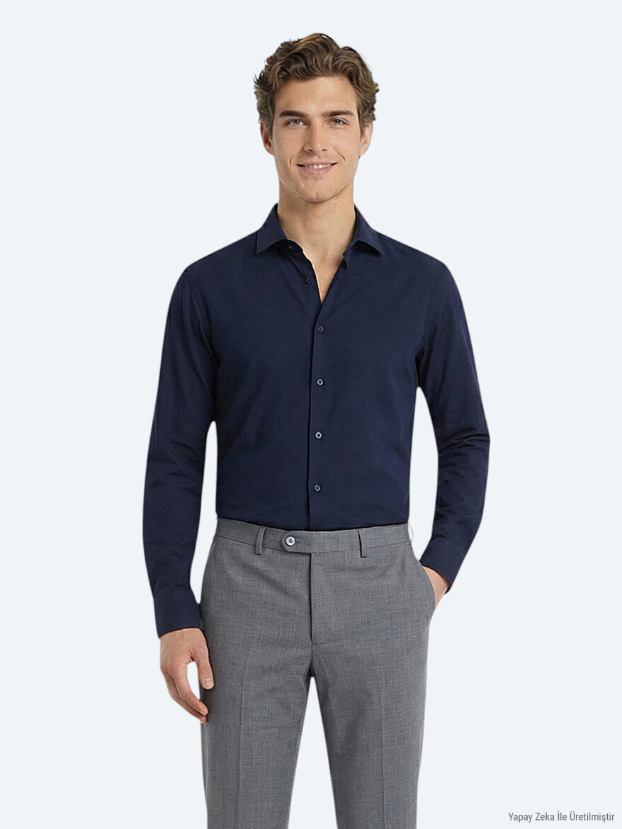 Navy Blue Plain Regular Fit Long Weaving Classical Cotton Blended Shirt - 3