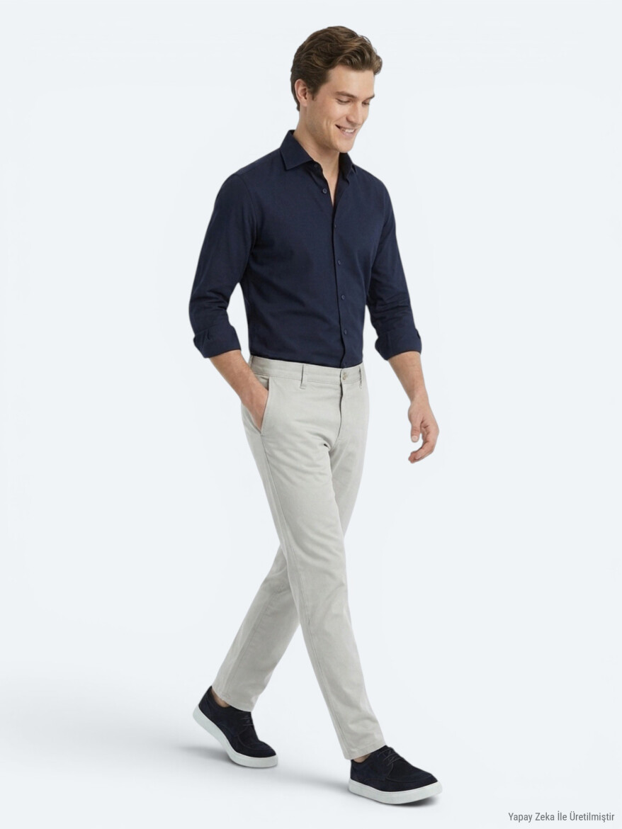 Navy Blue Plain Regular Fit Long Weaving Classical Cotton Blended Shirt - 2