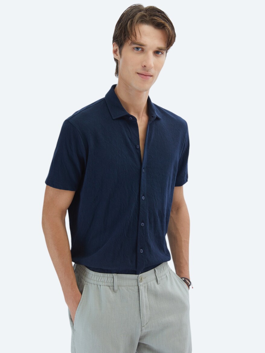 Navy Blue Plain Regular Fit Short Knitting Casual Cotton Blended Shirt 