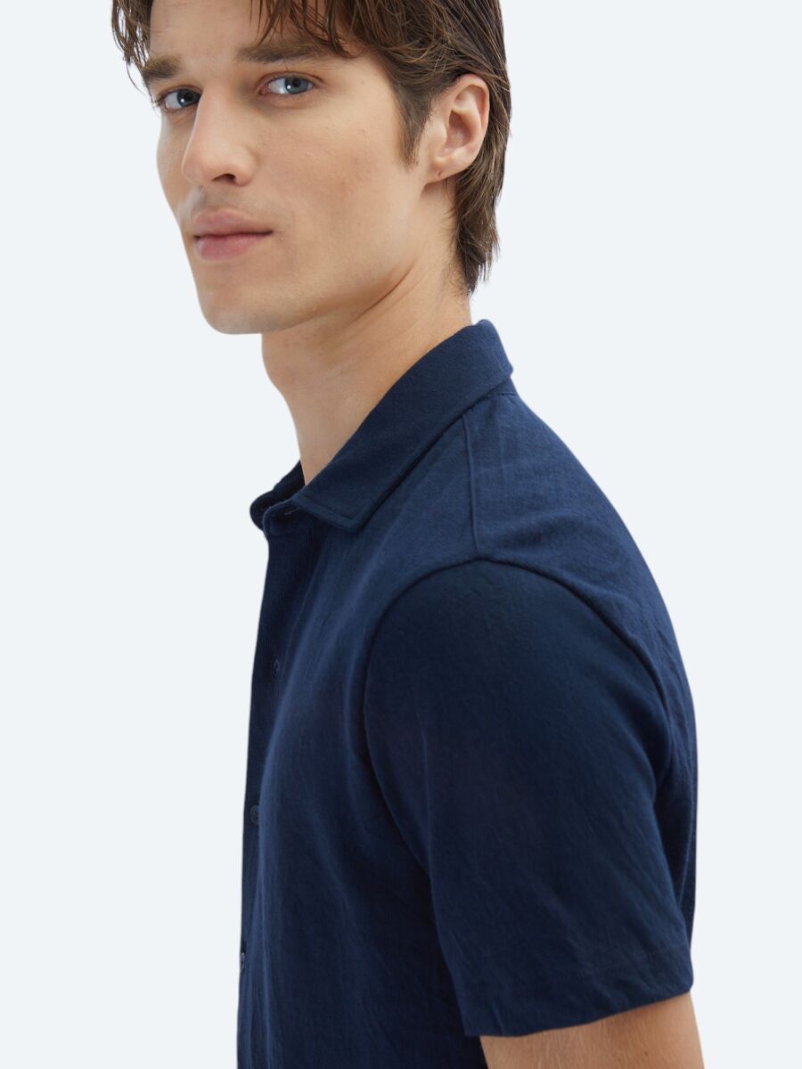 Navy Blue Plain Regular Fit Short Knitting Casual Cotton Blended Shirt - 5