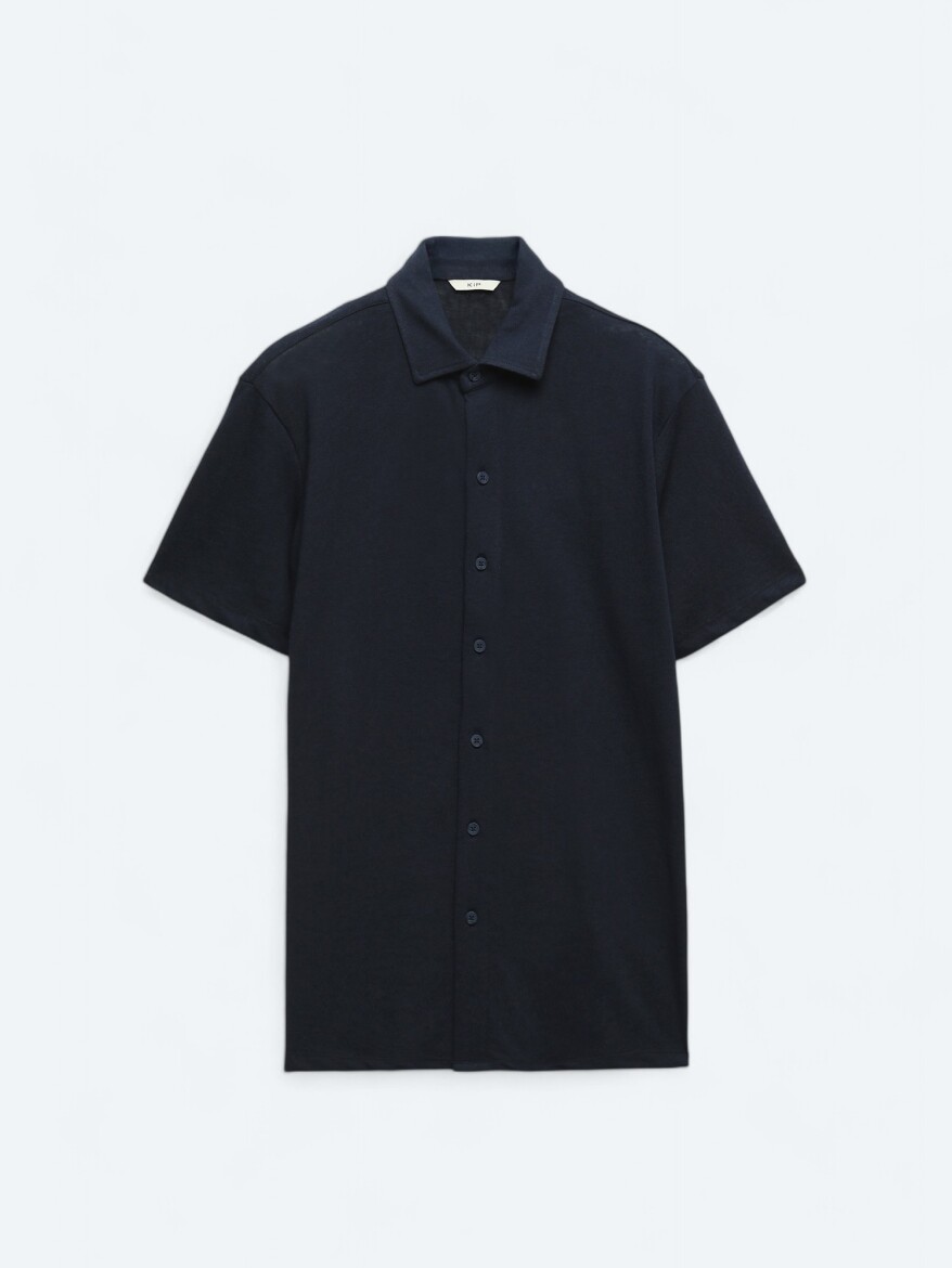 Navy Blue Plain Regular Fit Short Knitting Casual Cotton Blended Shirt - 7