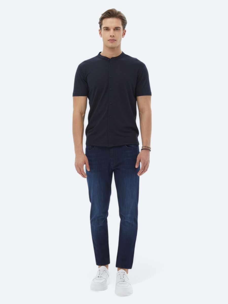 Navy Blue Plain Regular Fit Short Knitting Casual Shirt - 2