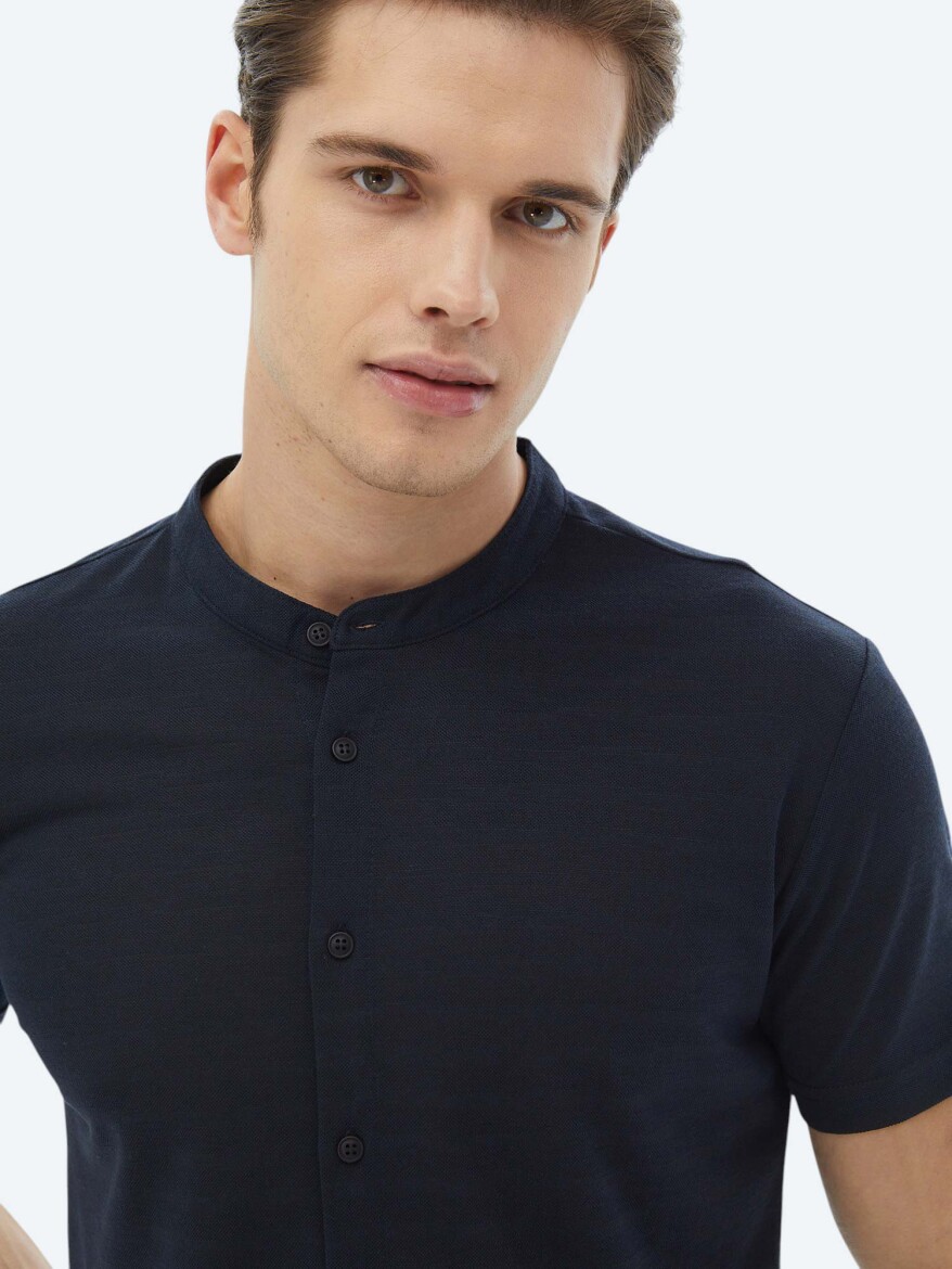 Navy Blue Plain Regular Fit Short Knitting Casual Shirt - 3