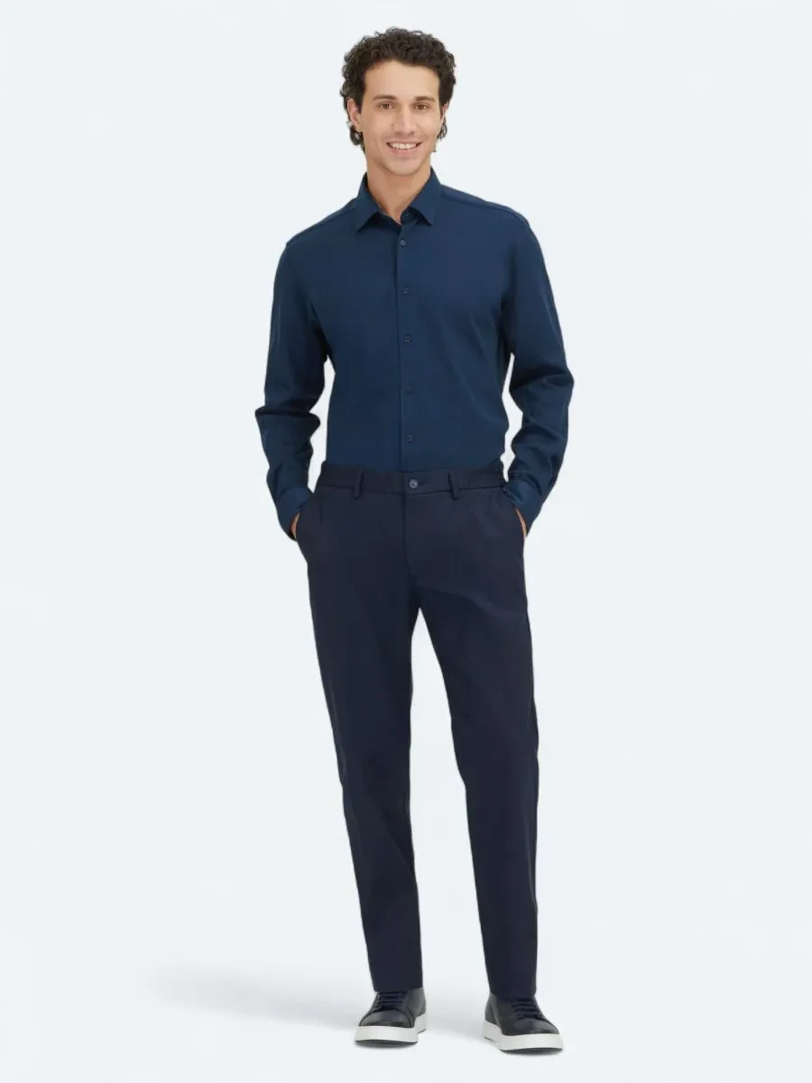 Navy Blue Plain Regular Fit Weaving Casual 100% Cotton Shirt - 2