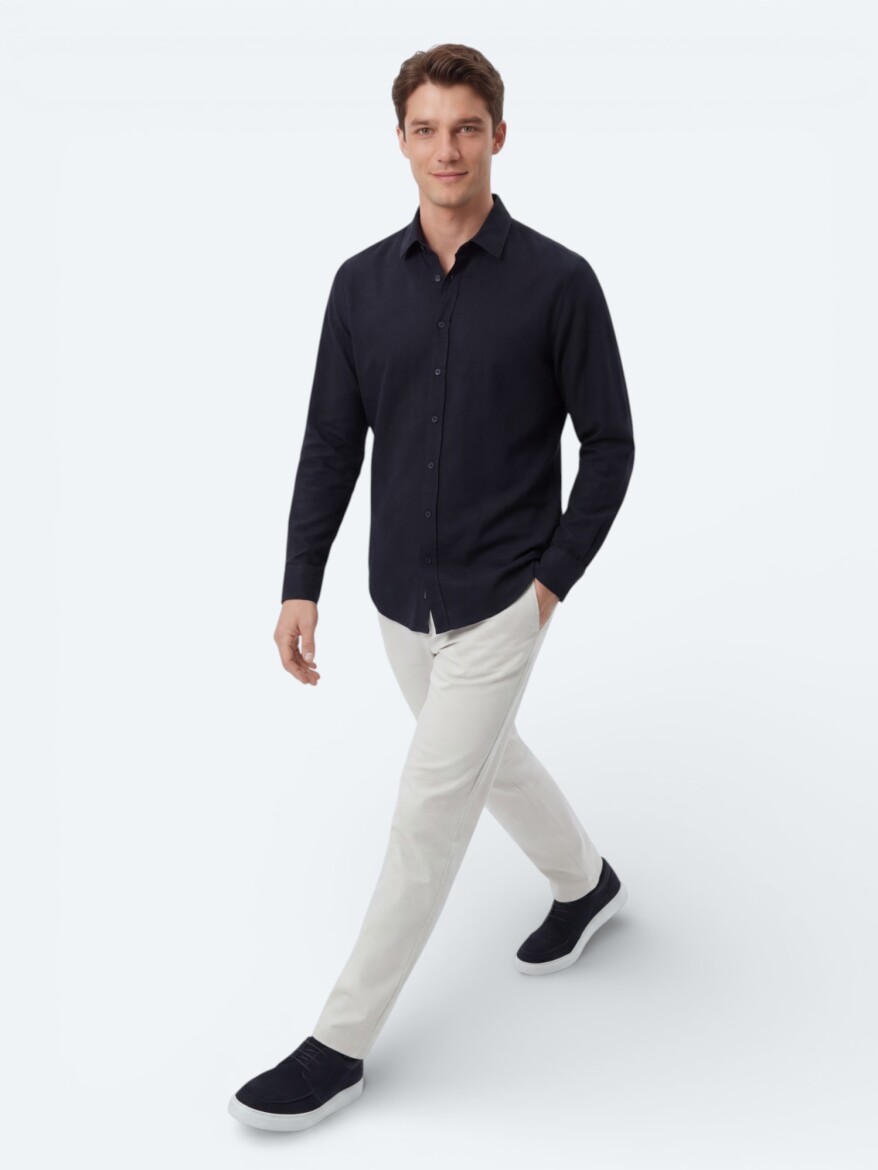 Navy Blue Plain Regular Fit Weaving Casual 100% Cotton Shirt - 3