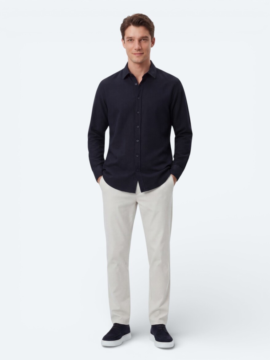 Navy Blue Plain Regular Fit Weaving Casual 100% Cotton Shirt - 4