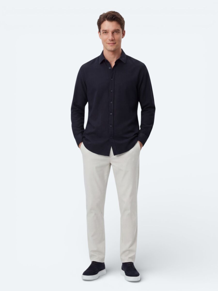 Navy Blue Plain Regular Fit Weaving Casual 100% Cotton Shirt - 4