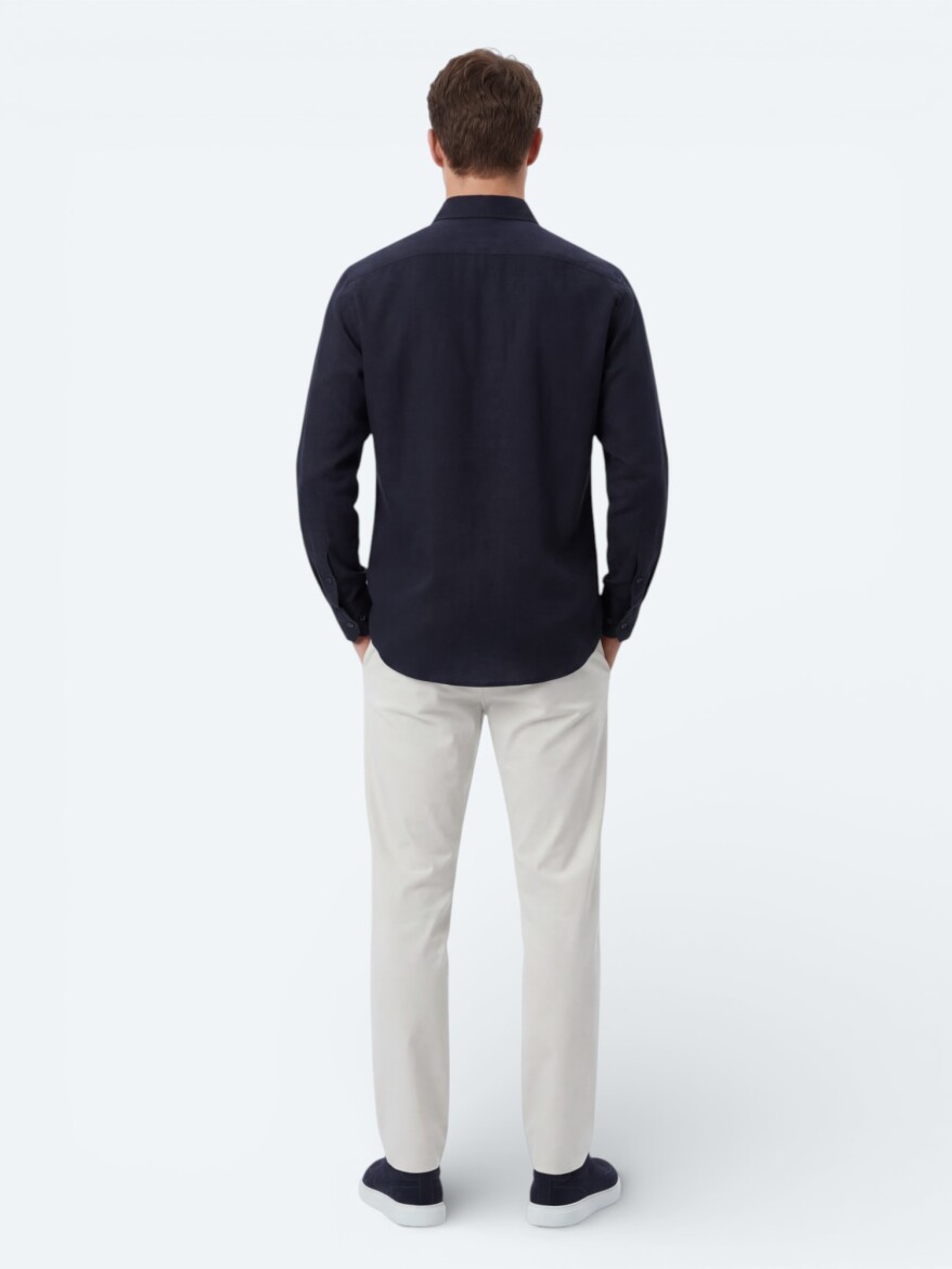 Navy Blue Plain Regular Fit Weaving Casual 100% Cotton Shirt - 5