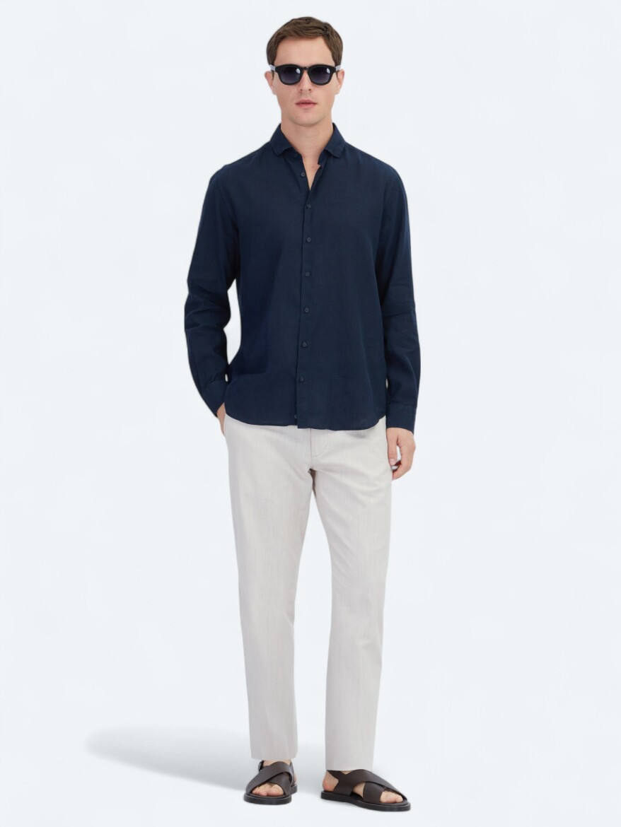 Navy Blue Plain Regular Fit Weaving Casual Cotton Blended Shirt - KİP