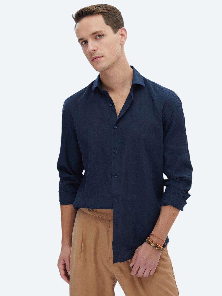 Navy Blue Plain Regular Fit Weaving Casual Cotton Blended Shirt - 1