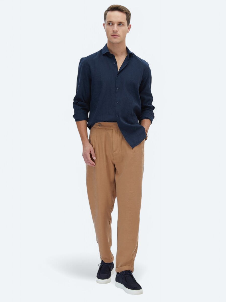 Navy Blue Plain Regular Fit Weaving Casual Cotton Blended Shirt - 2