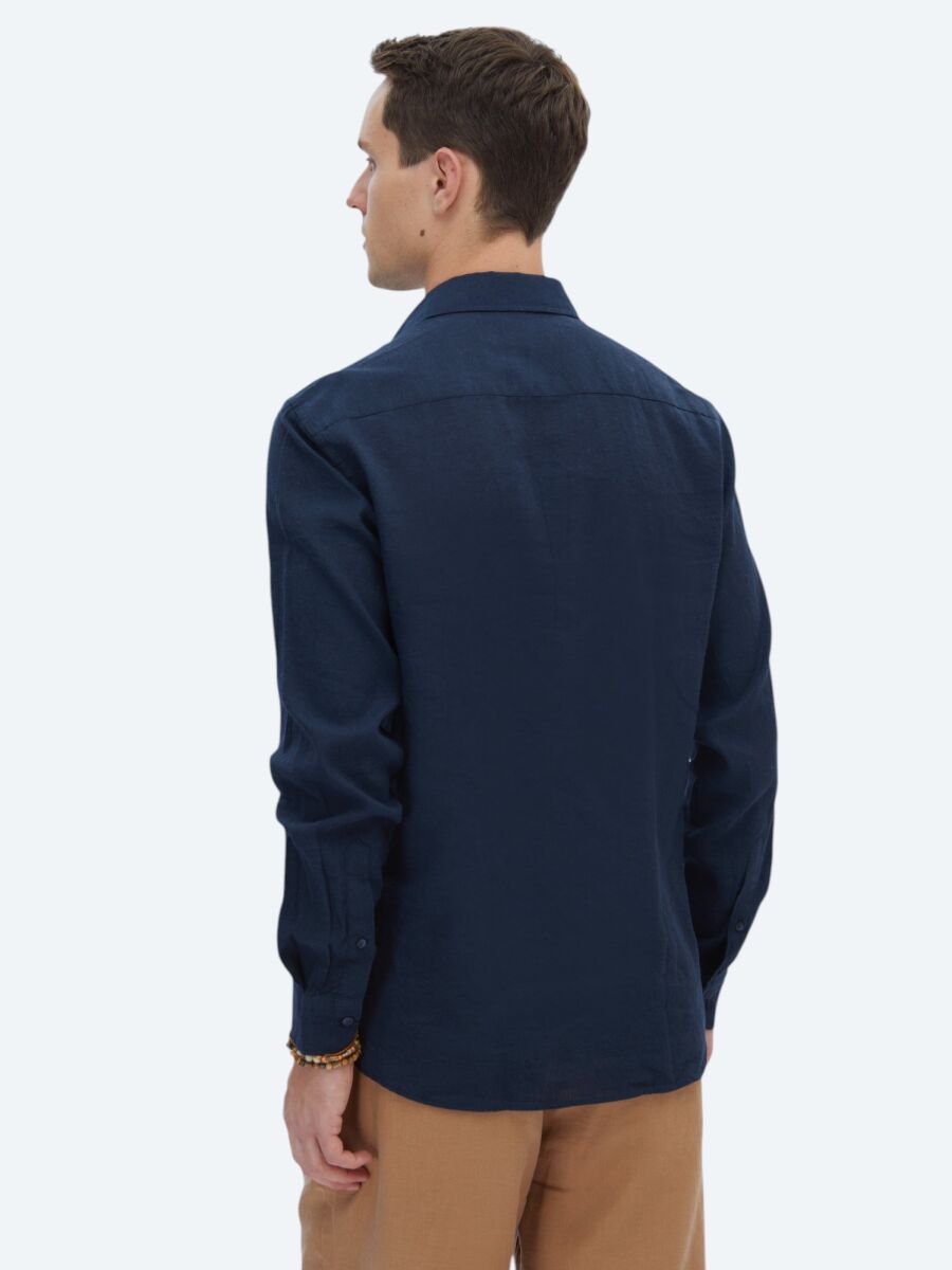 Navy Blue Plain Regular Fit Weaving Casual Cotton Blended Shirt - 4