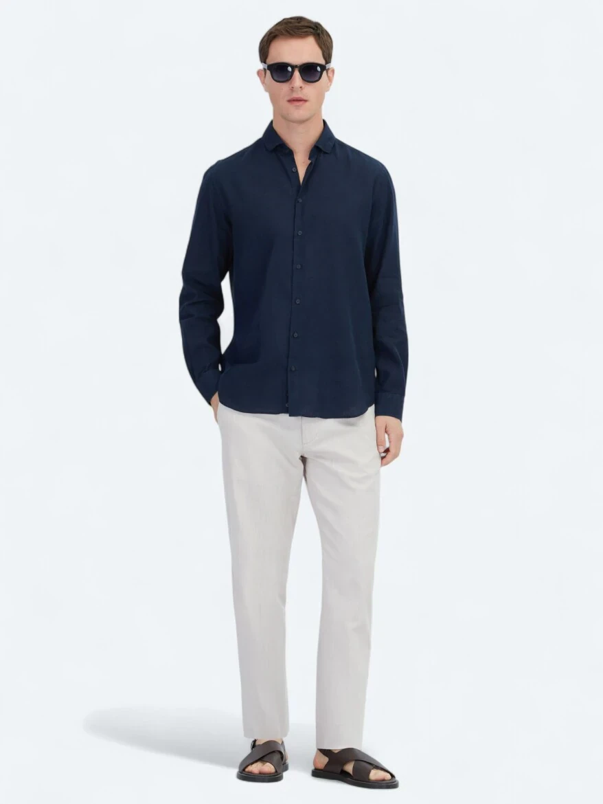 Navy Blue Plain Regular Fit Weaving Casual Cotton Blended Shirt - 2