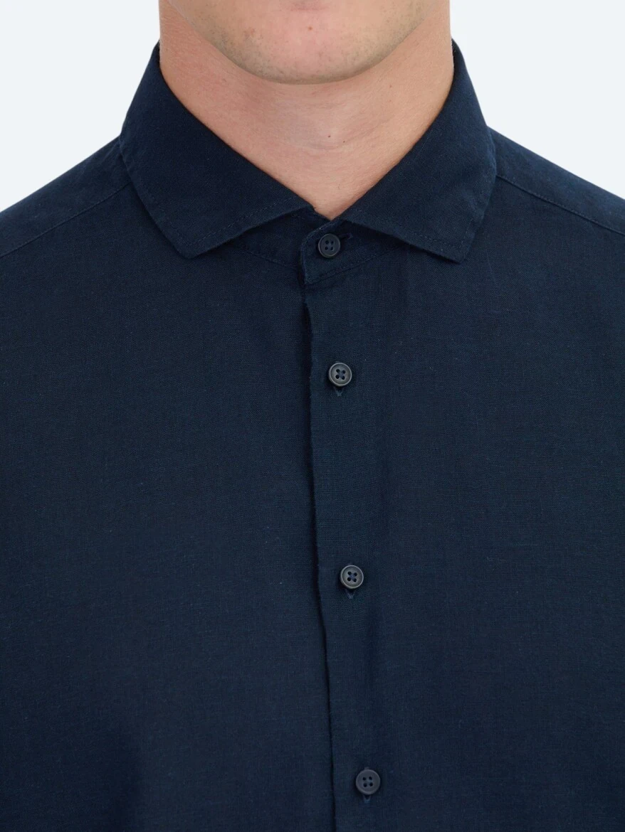 Navy Blue Plain Regular Fit Weaving Casual Cotton Blended Shirt - 5