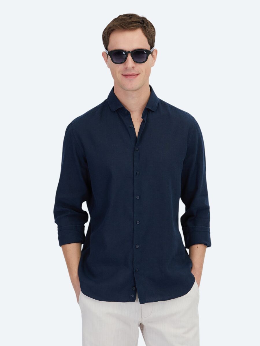 Navy Blue Plain Regular Fit Weaving Casual Cotton Blended Shirt - 1