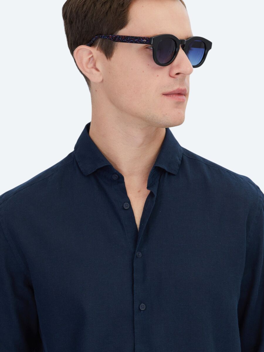Navy Blue Plain Regular Fit Weaving Casual Cotton Blended Shirt - 3