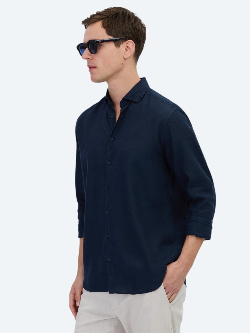 Navy Blue Plain Regular Fit Weaving Casual Cotton Blended Shirt - 4