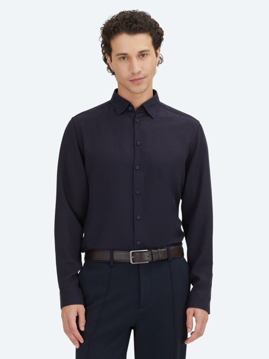 Navy Blue Plain Regular Fit Weaving Casual Shirt - 1