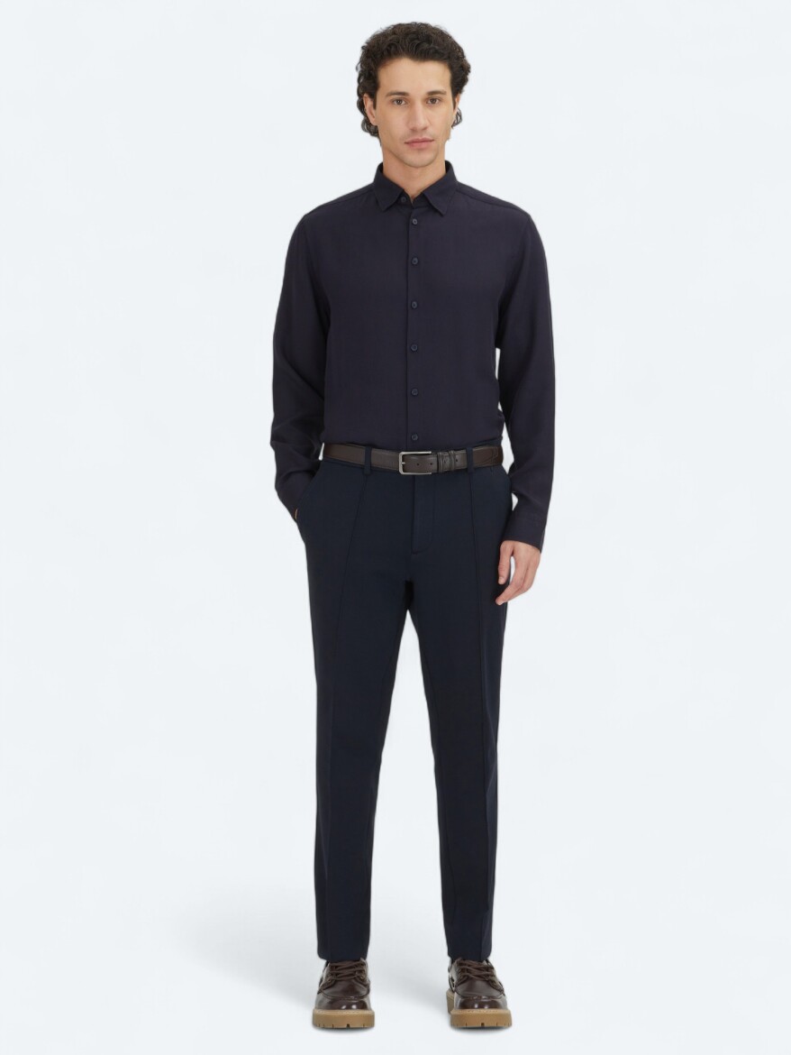 Navy Blue Plain Regular Fit Weaving Casual Shirt 