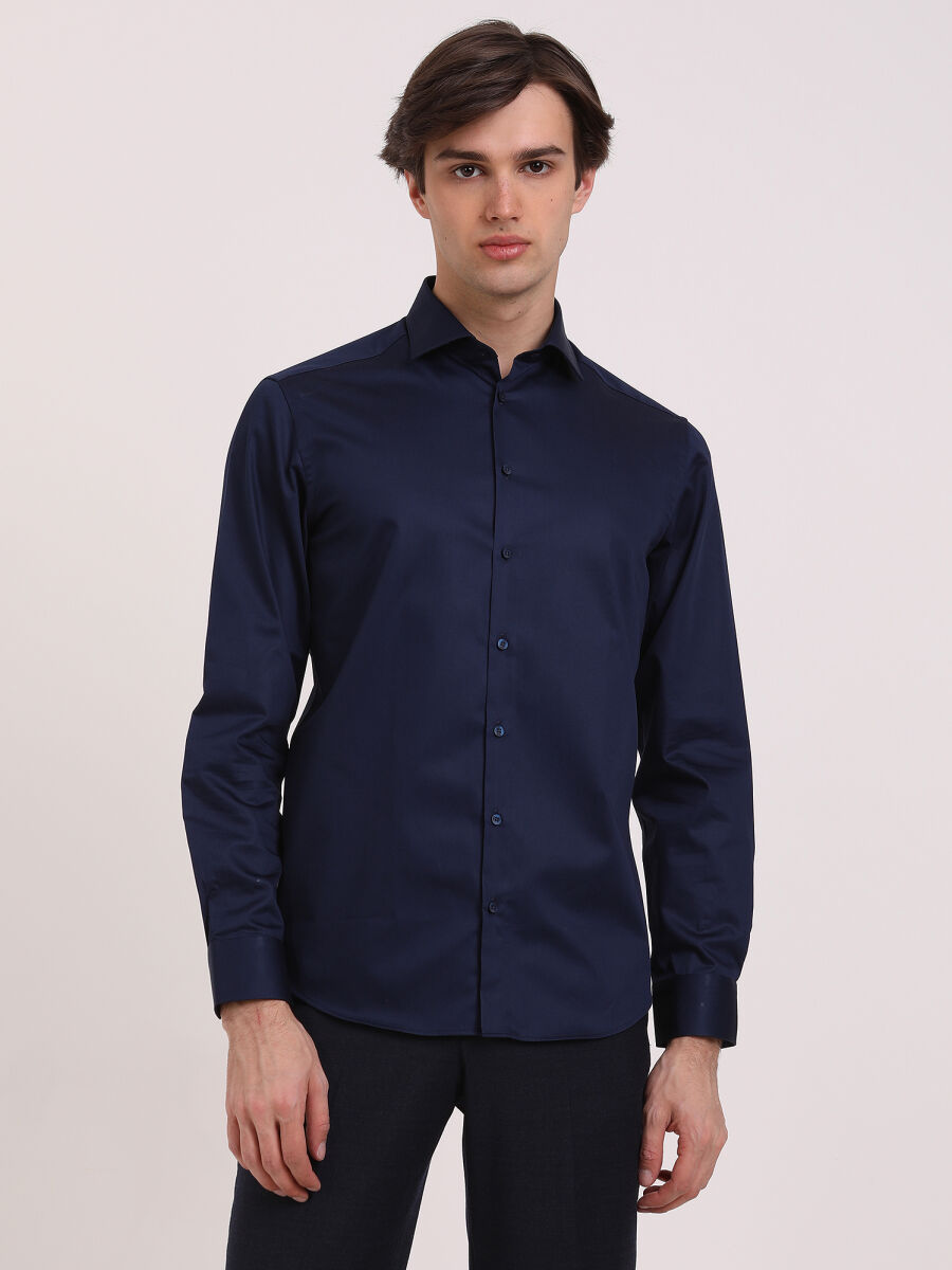 Navy Blue Plain Regular Fit Weaving Classical 100% Cotton Shirt - 1