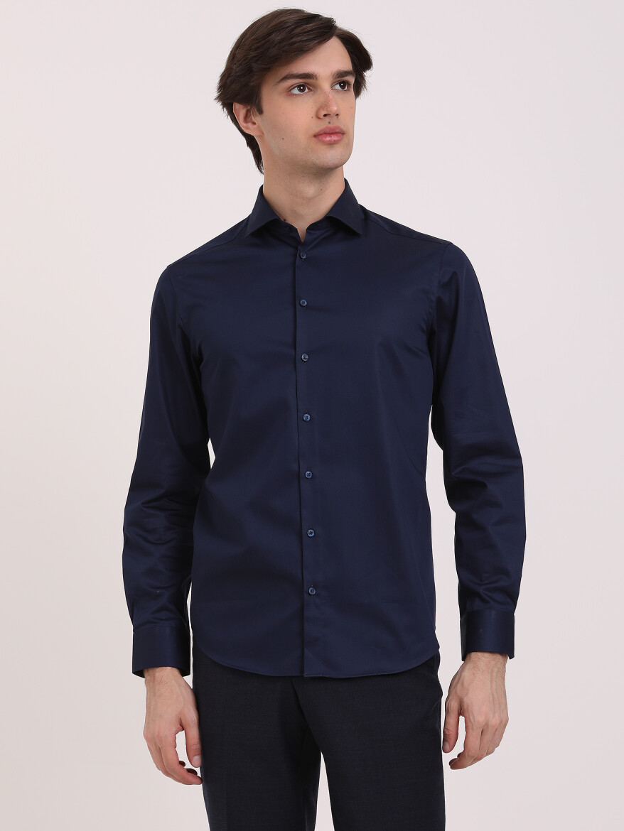 Navy Blue Plain Regular Fit Weaving Classical 100% Cotton Shirt 