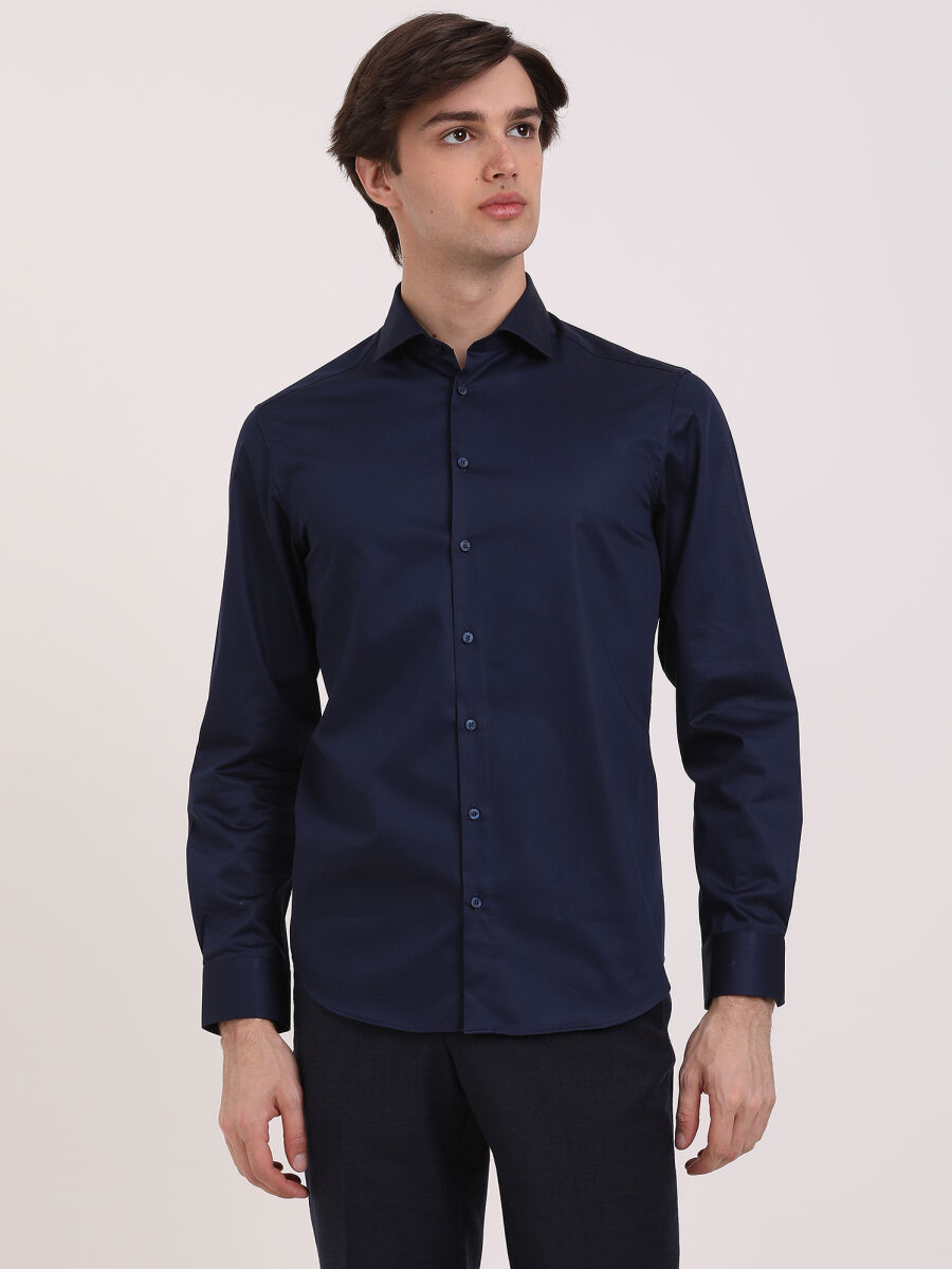 Navy Blue Plain Regular Fit Weaving Classical 100% Cotton Shirt - 2