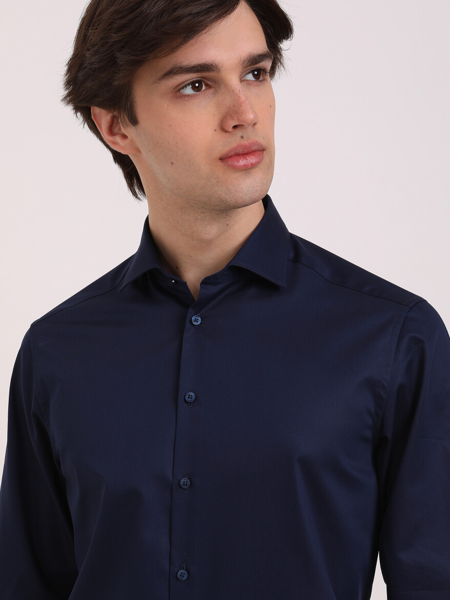 Navy Blue Plain Regular Fit Weaving Classical 100% Cotton Shirt - 3