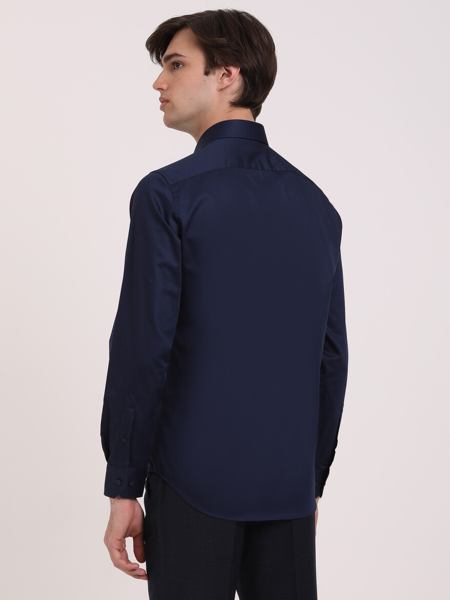 Navy Blue Plain Regular Fit Weaving Classical 100% Cotton Shirt - 4