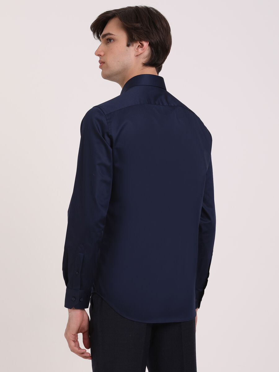 Navy Blue Plain Regular Fit Weaving Classical 100% Cotton Shirt - 4