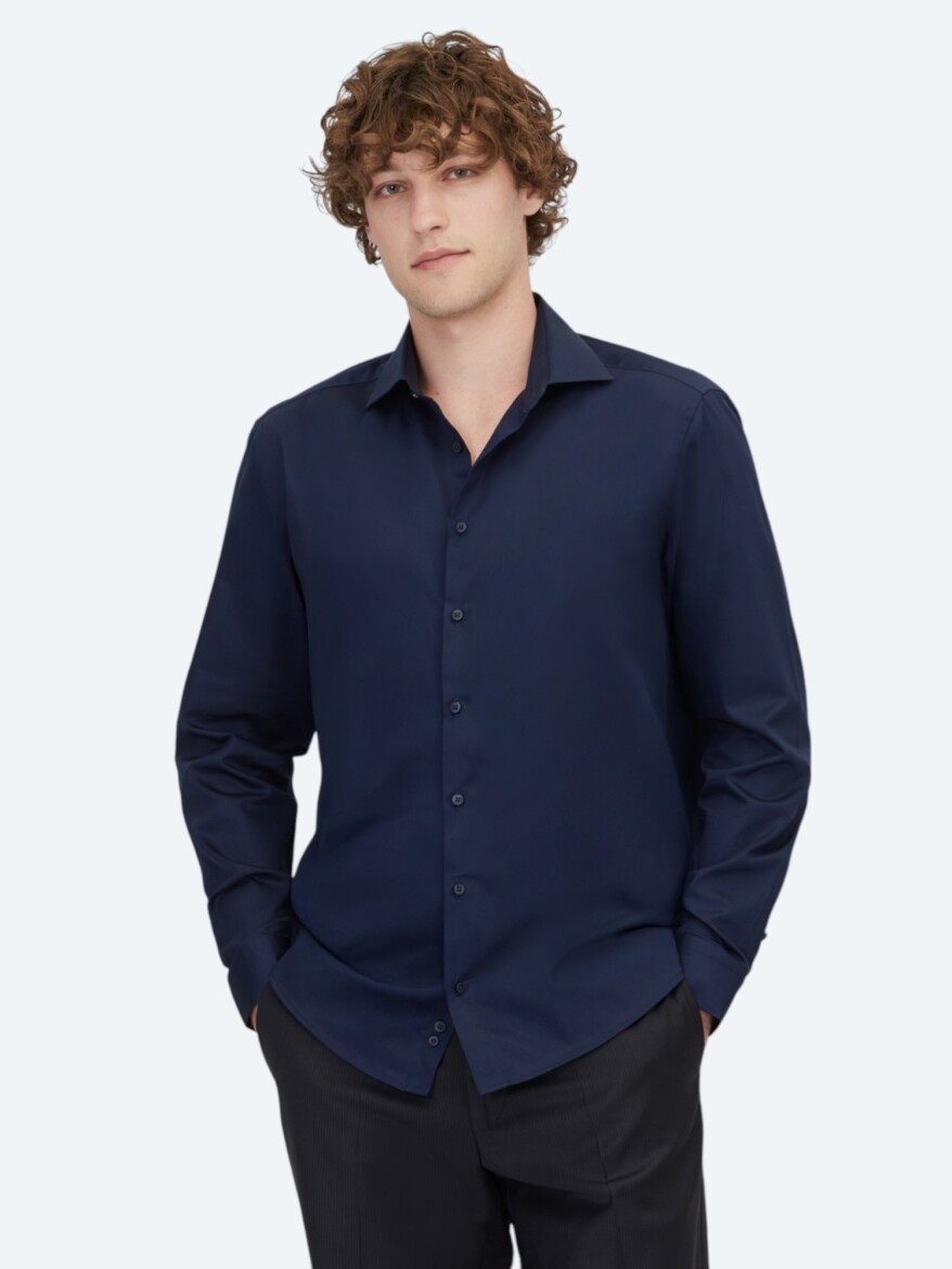 Navy Blue Plain Regular Fit Weaving Classical 100% Cotton Shirt - 3