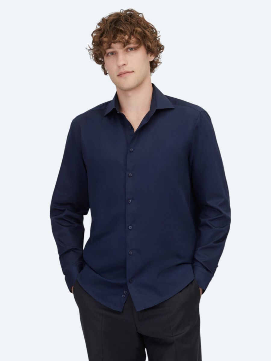 Navy Blue Plain Regular Fit Weaving Classical 100% Cotton Shirt - 3
