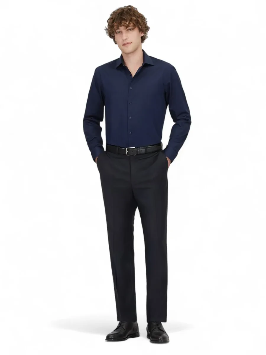 Navy Blue Plain Regular Fit Weaving Classical 100% Cotton Shirt - 2