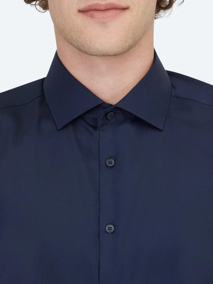 Navy Blue Plain Regular Fit Weaving Classical 100% Cotton Shirt - 5