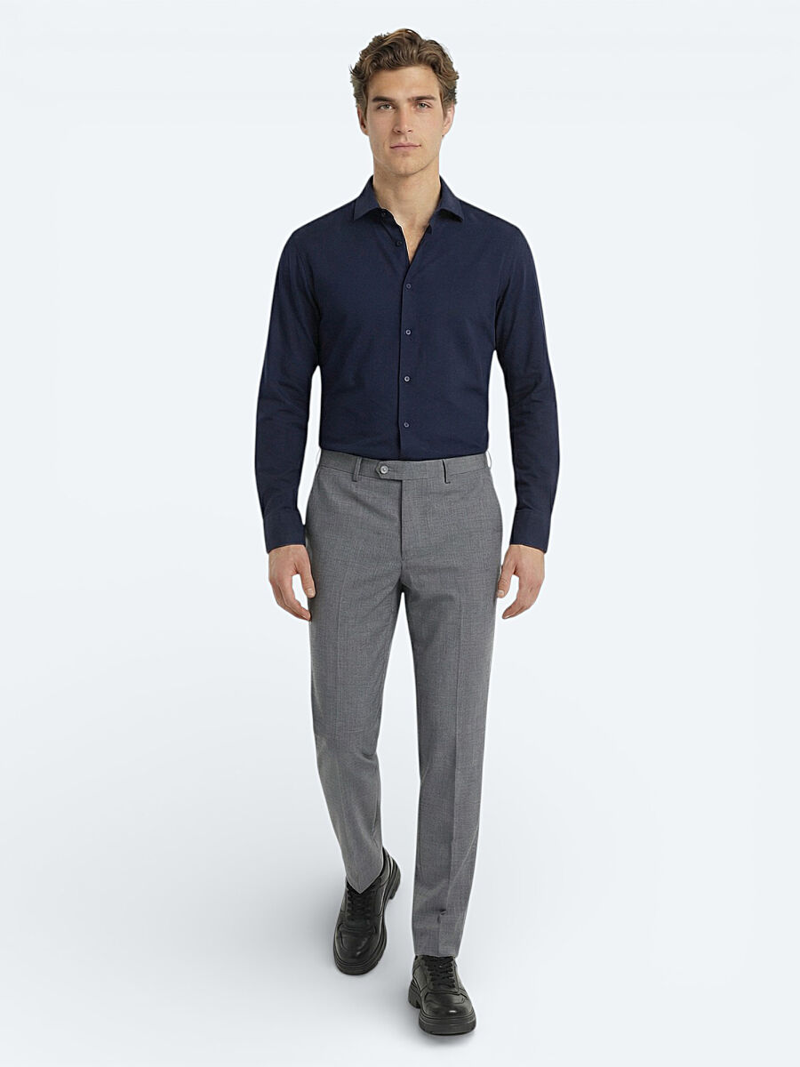 Navy Blue Plain Regular Fit Weaving Classical Cotton Blended Shirt - 2