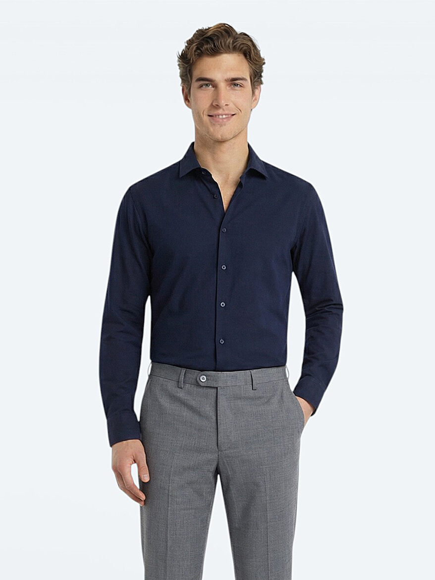 Navy Blue Plain Regular Fit Weaving Classical Cotton Blended Shirt - 3