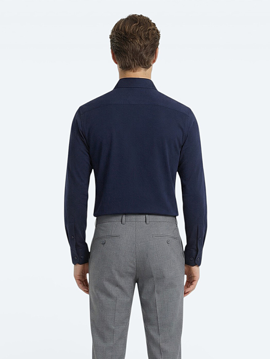 Navy Blue Plain Regular Fit Weaving Classical Cotton Blended Shirt - 4