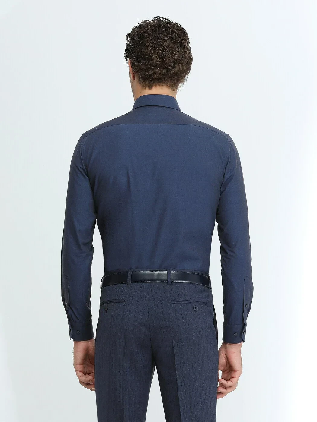 Navy Blue Plain Regular Fit Weaving Classical Cotton Blended Shirt - 4