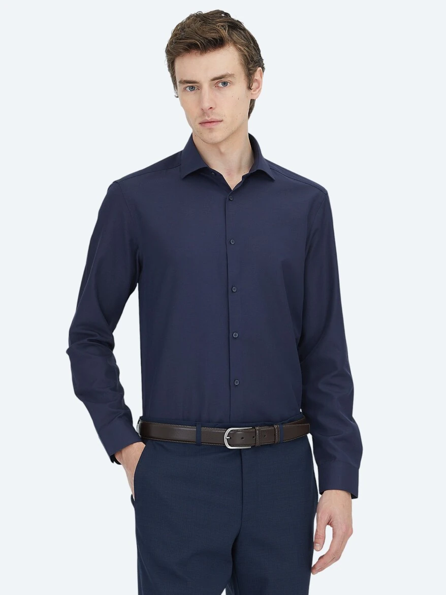 Navy Blue Plain Regular Fit Weaving Classical Cotton Blended Shirt - KİP