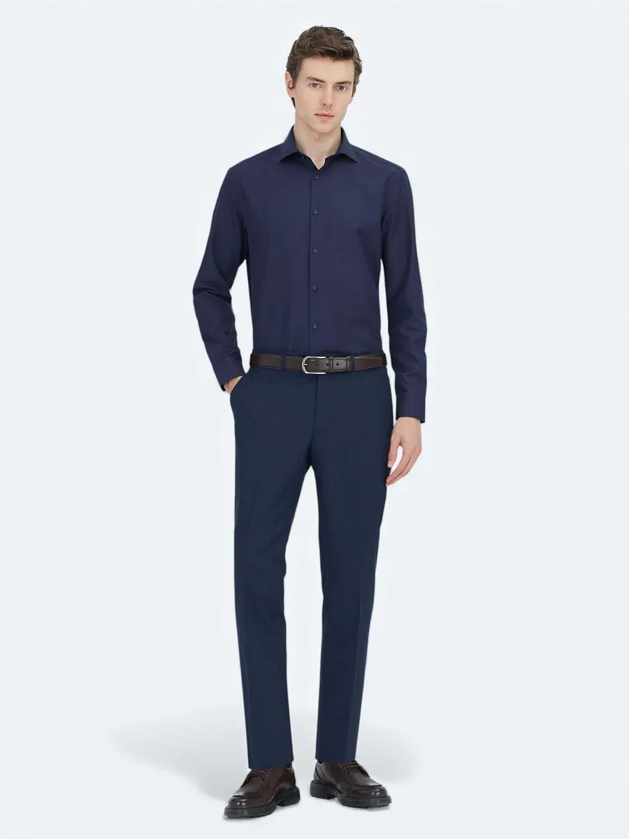 Navy Blue Plain Regular Fit Weaving Classical Cotton Blended Shirt - 2