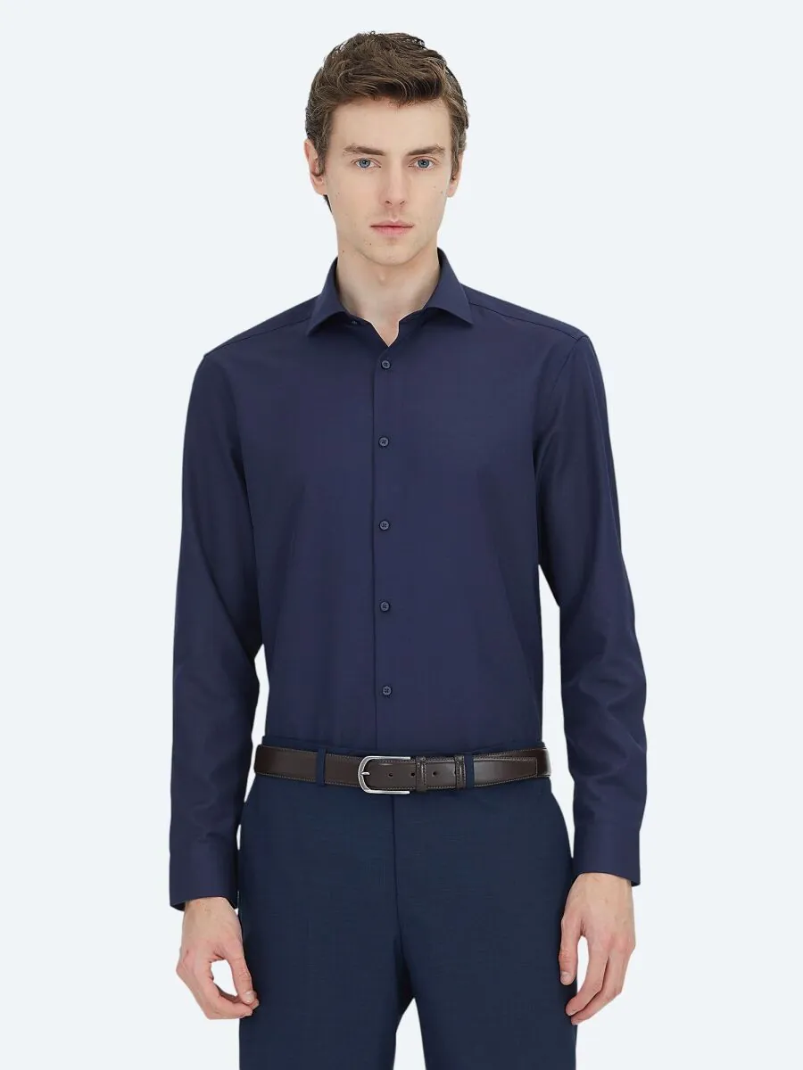 Navy Blue Plain Regular Fit Weaving Classical Cotton Blended Shirt - 3