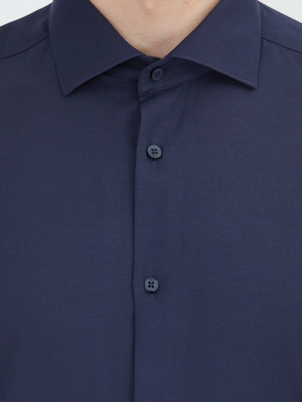 Navy Blue Plain Regular Fit Weaving Classical Cotton Blended Shirt - 4