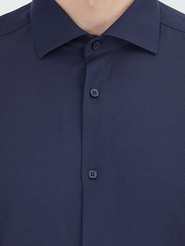 Navy Blue Plain Regular Fit Weaving Classical Cotton Blended Shirt - 4