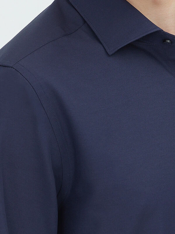 Navy Blue Plain Regular Fit Weaving Classical Cotton Blended Shirt - 5