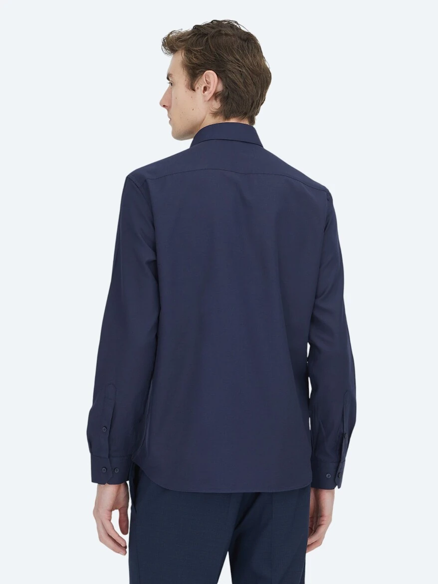 Navy Blue Plain Regular Fit Weaving Classical Cotton Blended Shirt - 6