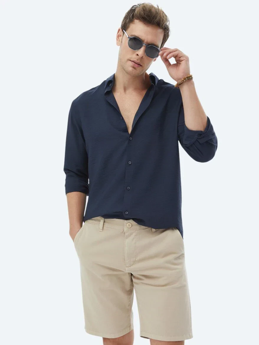 Navy Blue Plain Regular Fit Weaving Classical Shirt - KİP