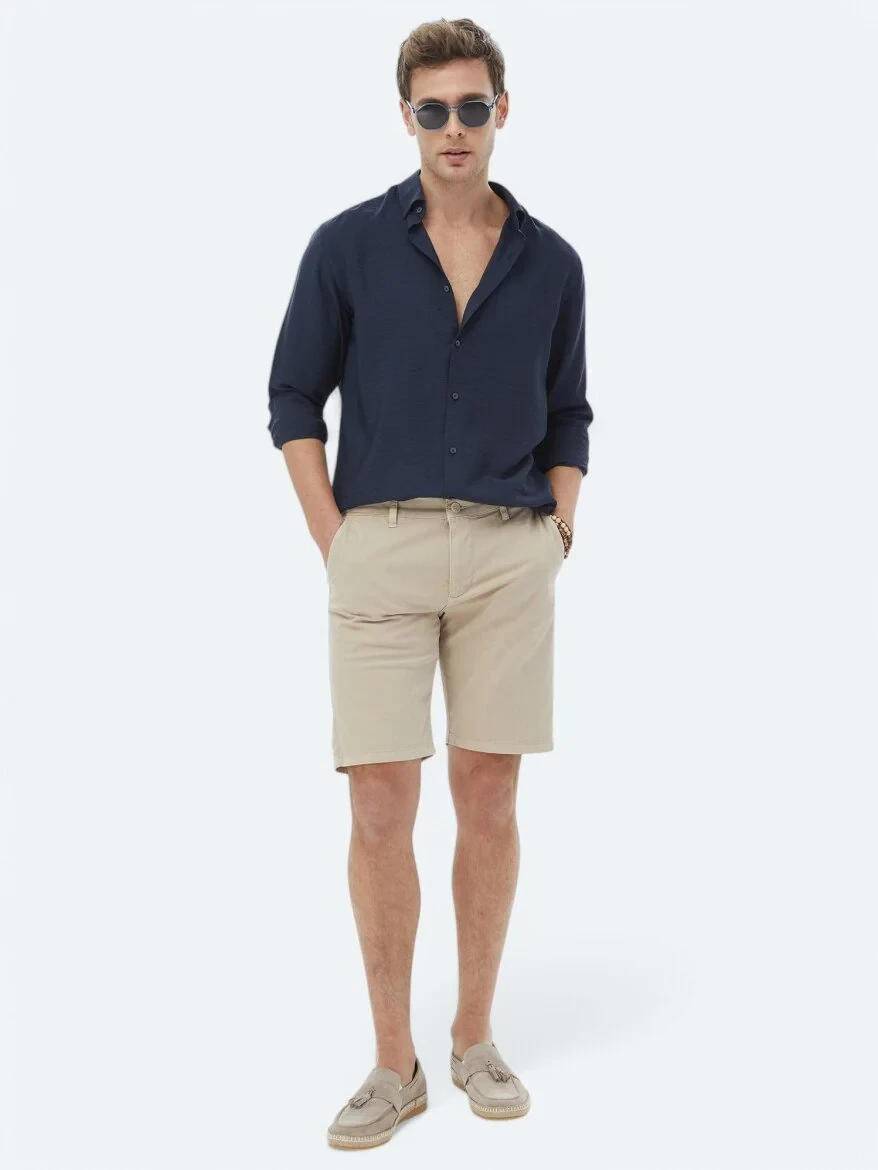 Navy Blue Plain Regular Fit Weaving Classical Shirt - KİP