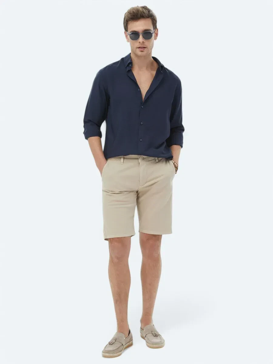 Navy Blue Plain Regular Fit Weaving Classical Shirt - 2