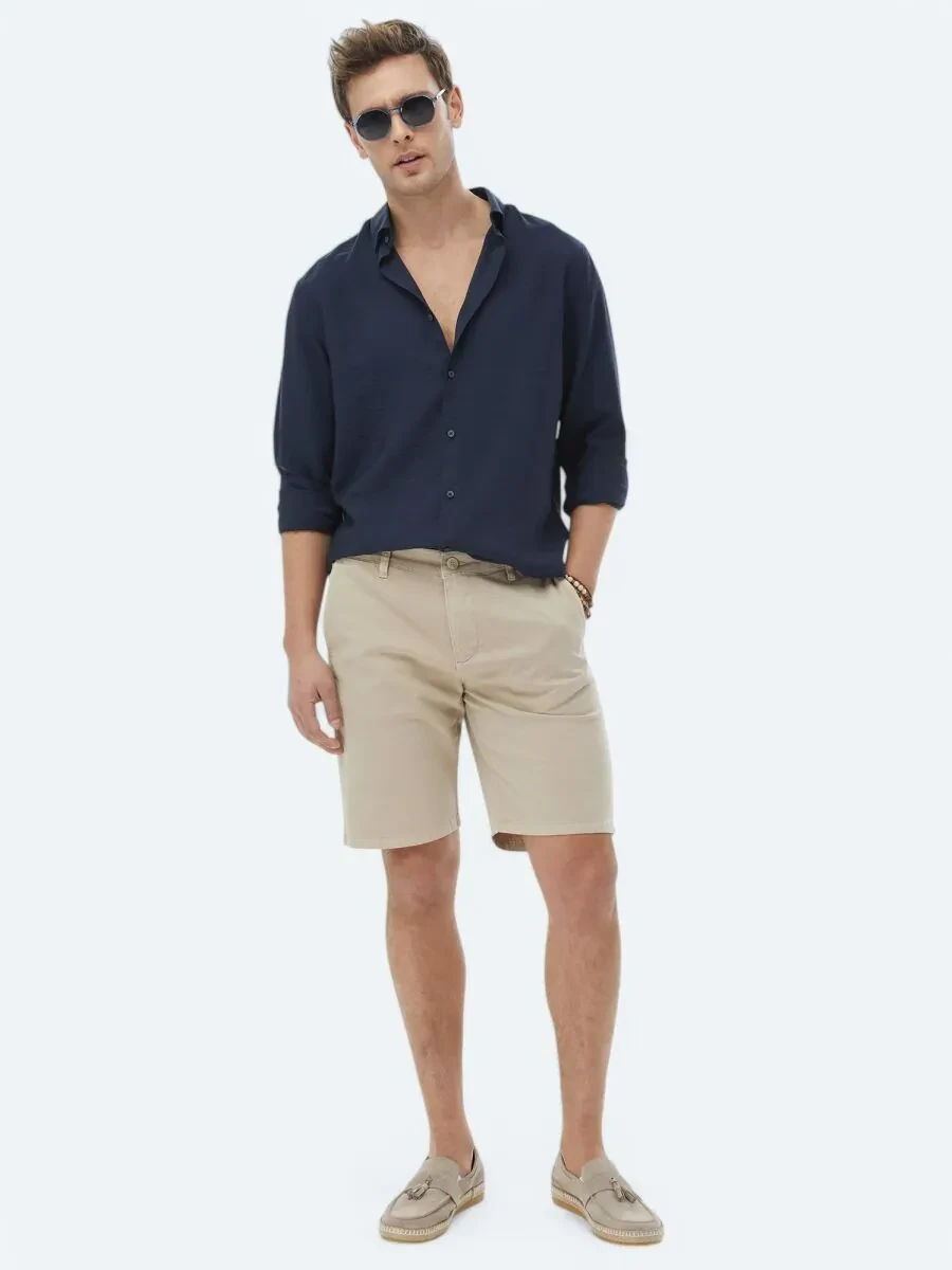 Navy Blue Plain Regular Fit Weaving Classical Shirt - 3